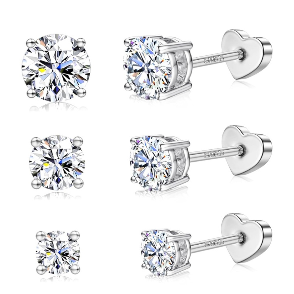 3 Pairs Certified Moissanite Solid 925 Sterling Silver Heart Screw Back Earrings